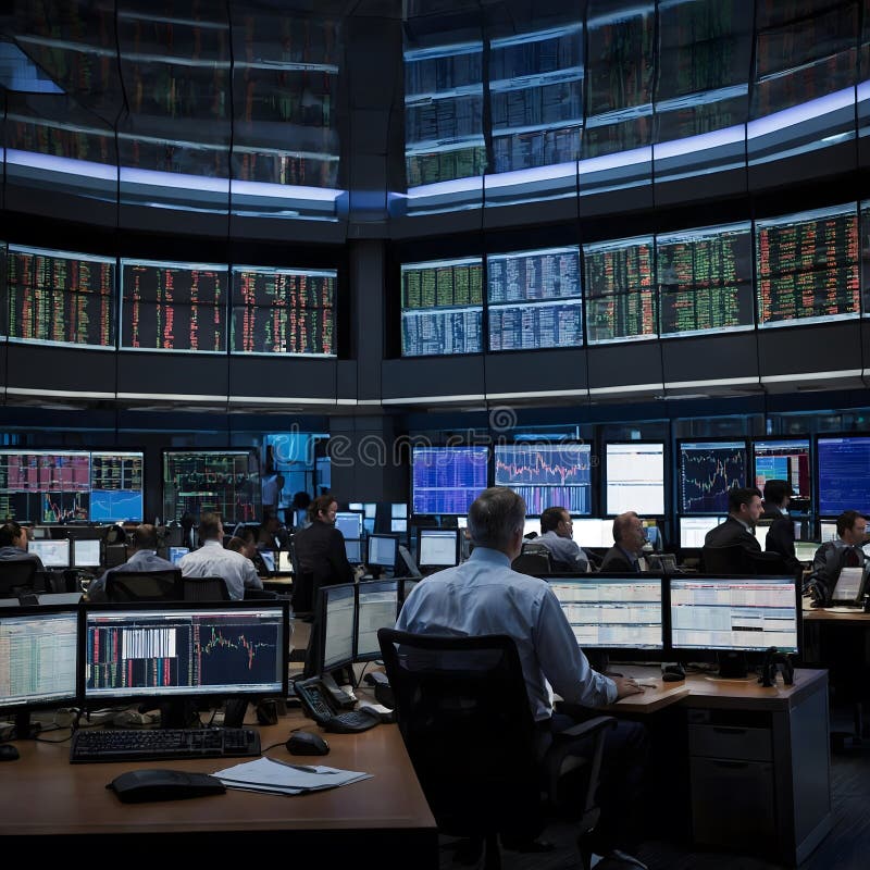 Busy Trading Environment with Multiple Monitors Displaying Stock ...